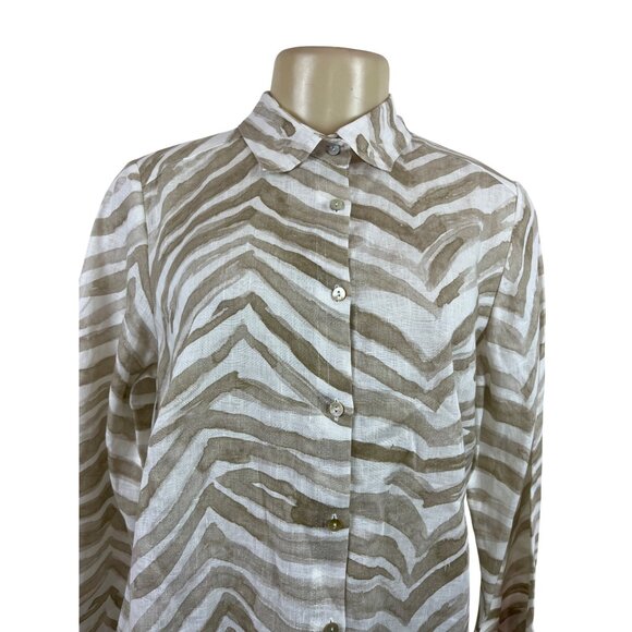 iLinen  Zebra Print Button-Up Shirt Natural Ivory Linen Womens Sz M - New - Picture 4 of 7